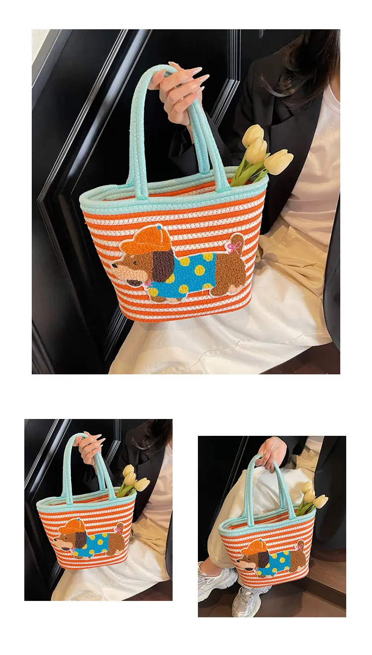 Puppy Embroidered Cotton Rope Tote Bag Large Capacity — feature 10