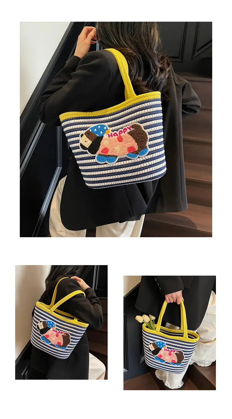 Puppy Embroidered Cotton Rope Tote Bag Large Capacity — feature 11