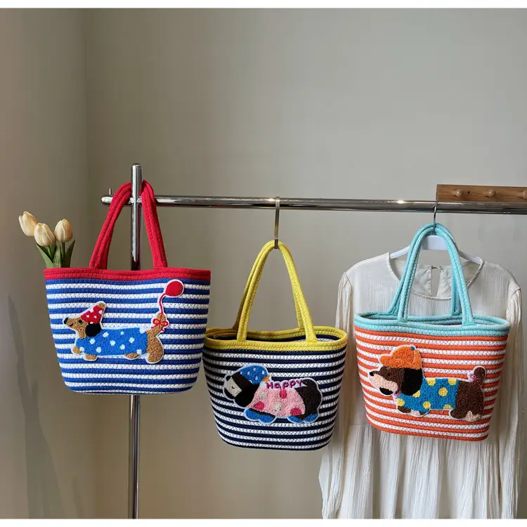 Puppy Embroidered Cotton Rope Tote Bag Large Capacity — feature 12