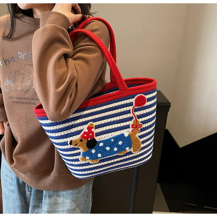 Puppy Embroidered Cotton Rope Tote Bag Large Capacity — feature 13