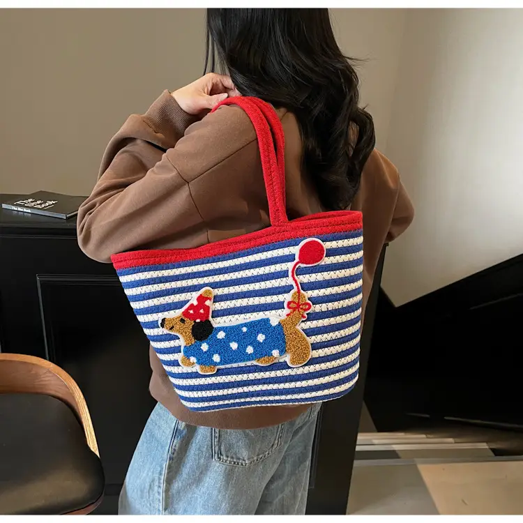 Puppy Embroidered Cotton Rope Tote Bag Large Capacity — feature 14