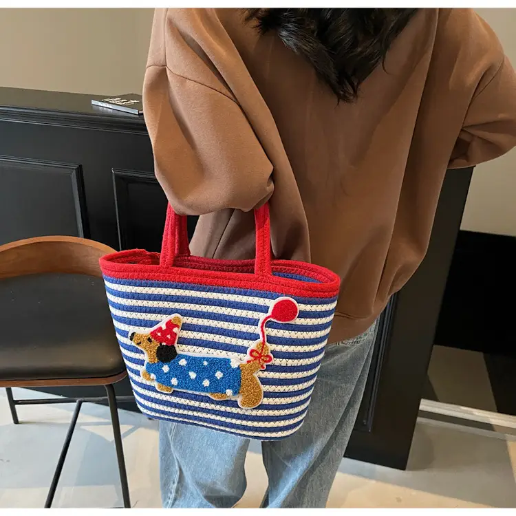 Puppy Embroidered Cotton Rope Tote Bag Large Capacity — feature 15