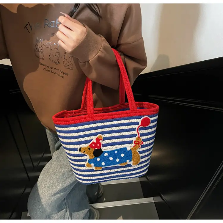 Puppy Embroidered Cotton Rope Tote Bag Large Capacity — feature 16