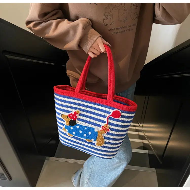 Puppy Embroidered Cotton Rope Tote Bag Large Capacity — feature 17