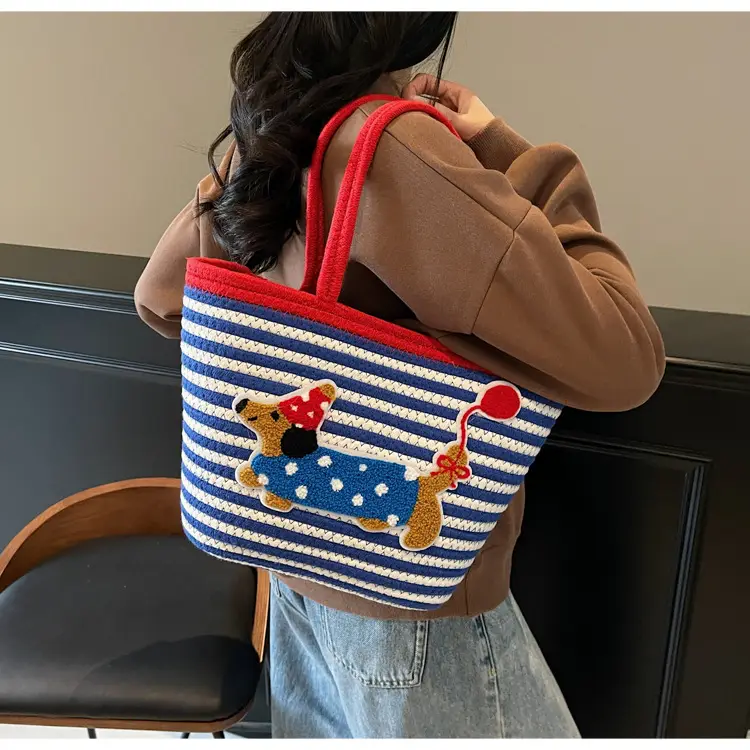 Puppy Embroidered Cotton Rope Tote Bag Large Capacity — feature 18