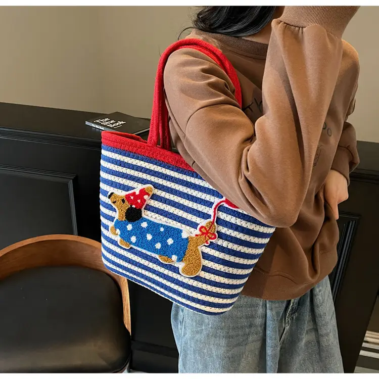 Puppy Embroidered Cotton Rope Tote Bag Large Capacity — feature 19