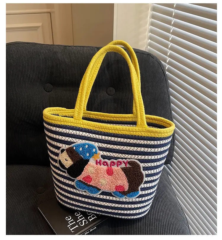 Puppy Embroidered Cotton Rope Tote Bag Large Capacity — feature 2