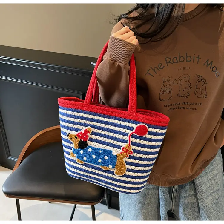 Puppy Embroidered Cotton Rope Tote Bag Large Capacity — feature 20