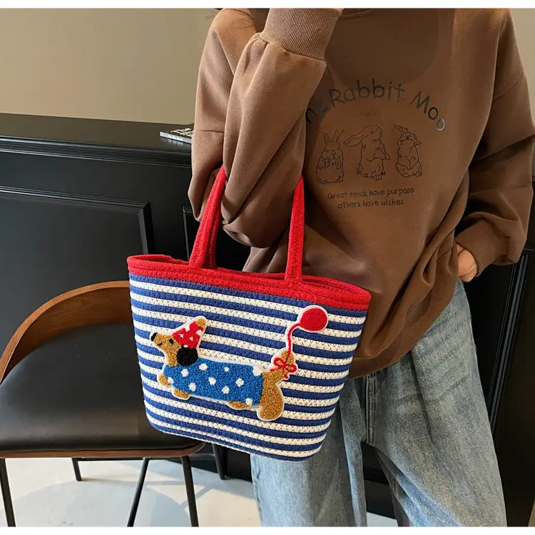 Puppy Embroidered Cotton Rope Tote Bag Large Capacity — feature 21
