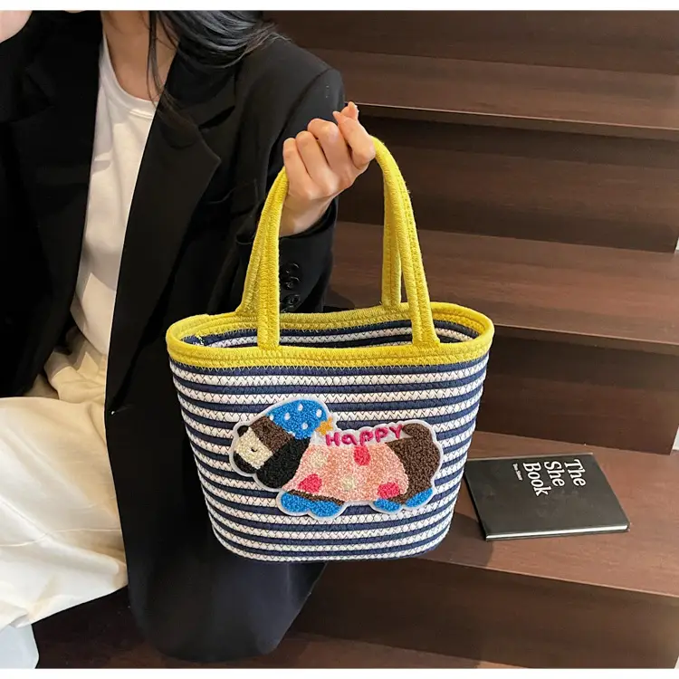 Puppy Embroidered Cotton Rope Tote Bag Large Capacity — feature 22