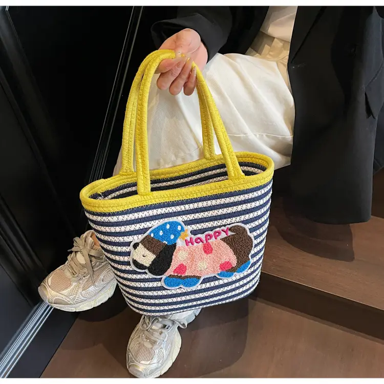 Puppy Embroidered Cotton Rope Tote Bag Large Capacity — feature 23