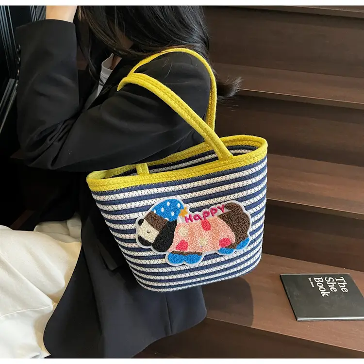 Puppy Embroidered Cotton Rope Tote Bag Large Capacity — feature 24