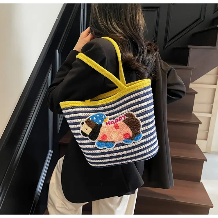Puppy Embroidered Cotton Rope Tote Bag Large Capacity — feature 25