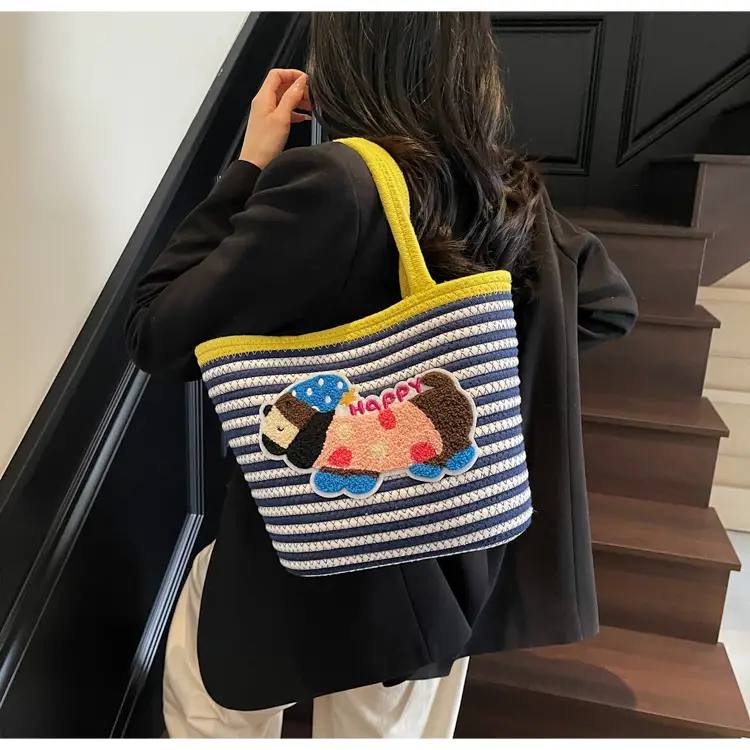 Puppy Embroidered Cotton Rope Tote Bag Large Capacity — feature 26