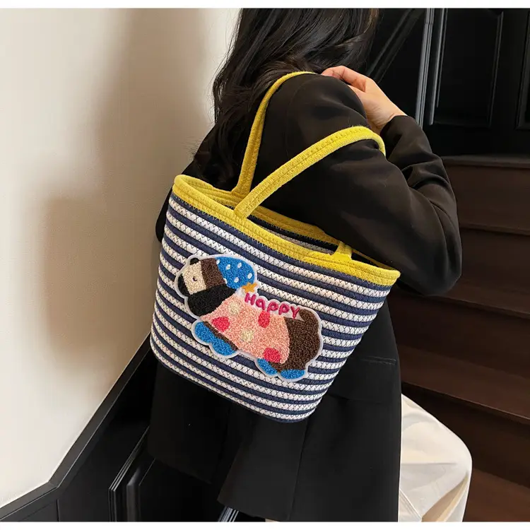 Puppy Embroidered Cotton Rope Tote Bag Large Capacity — feature 27