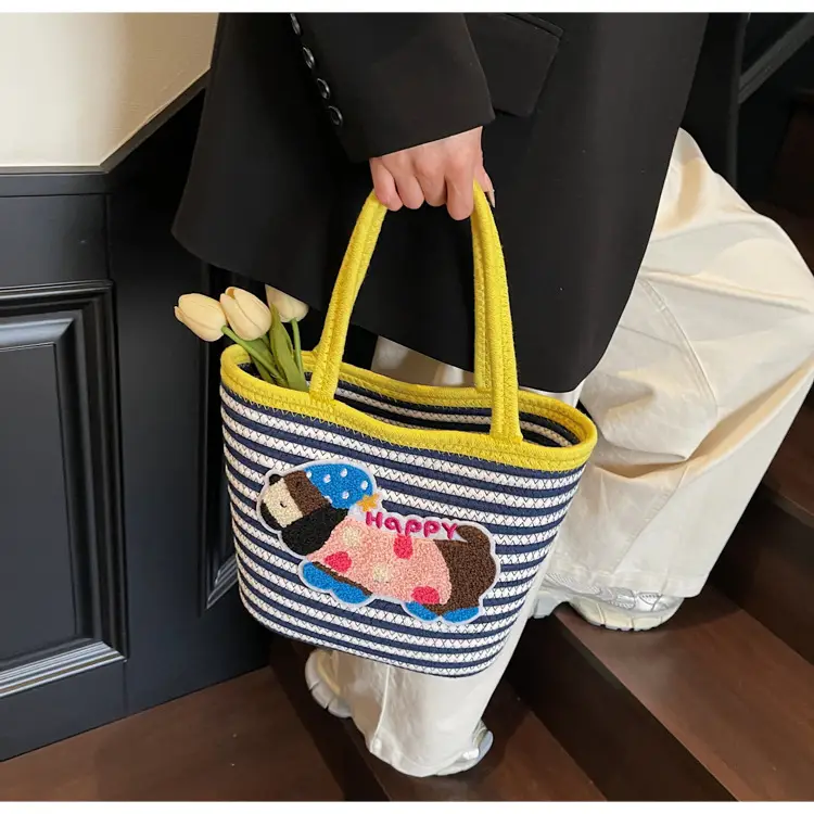 Puppy Embroidered Cotton Rope Tote Bag Large Capacity — feature 28