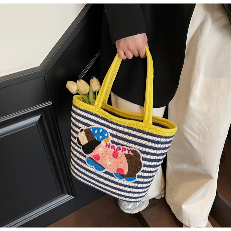Puppy Embroidered Cotton Rope Tote Bag Large Capacity — feature 29