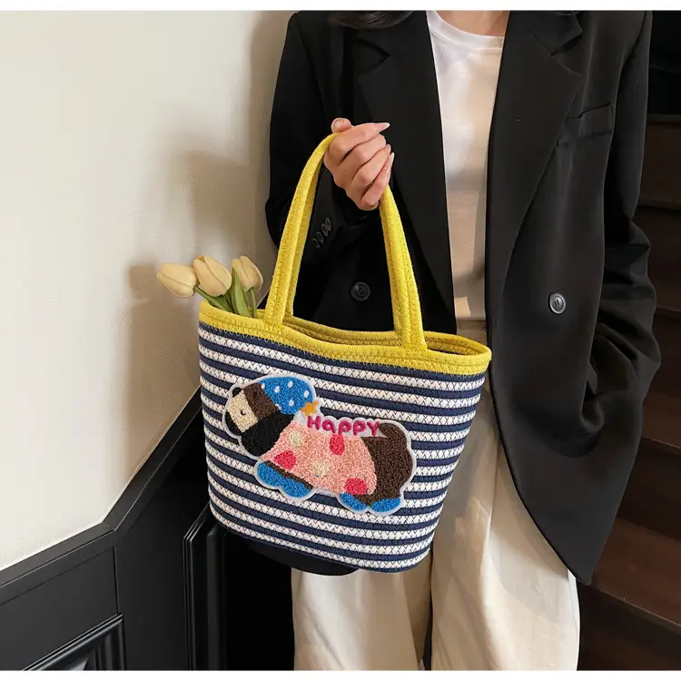 Puppy Embroidered Cotton Rope Tote Bag Large Capacity — feature 30