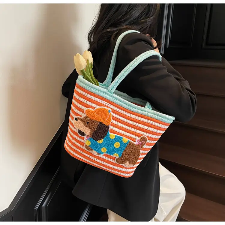 Puppy Embroidered Cotton Rope Tote Bag Large Capacity — feature 31