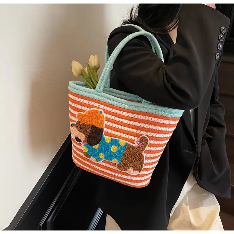 Puppy Embroidered Cotton Rope Tote Bag Large Capacity — feature 32