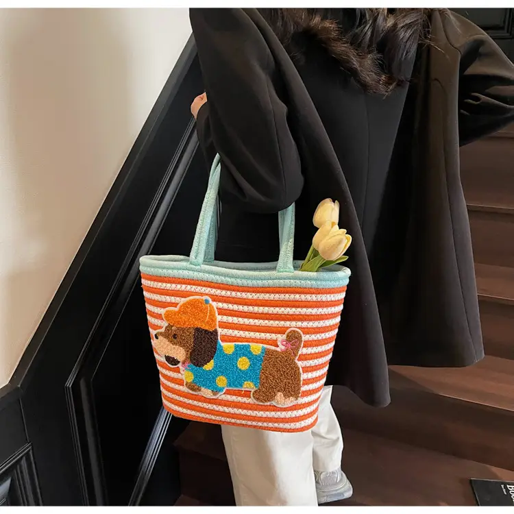 Puppy Embroidered Cotton Rope Tote Bag Large Capacity — feature 33
