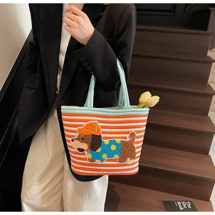 Puppy Embroidered Cotton Rope Tote Bag Large Capacity — feature 34