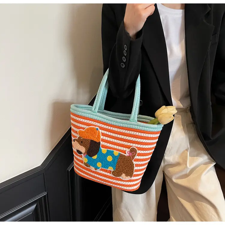 Puppy Embroidered Cotton Rope Tote Bag Large Capacity — feature 35