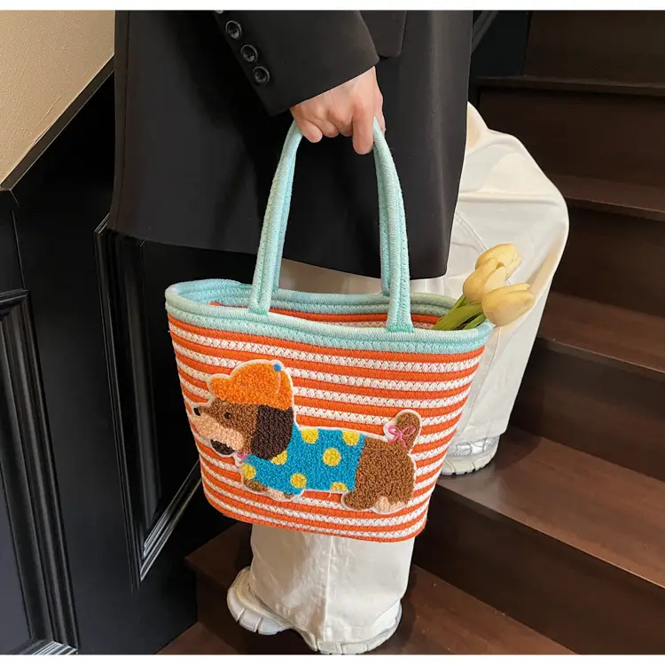 Puppy Embroidered Cotton Rope Tote Bag Large Capacity — feature 36