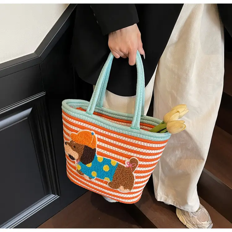 Puppy Embroidered Cotton Rope Tote Bag Large Capacity — feature 37