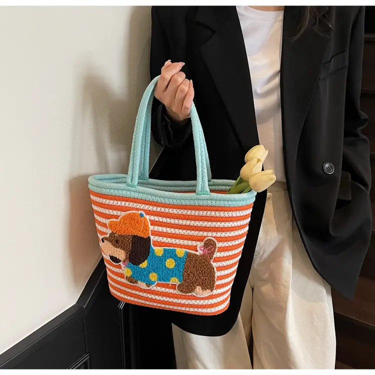 Puppy Embroidered Cotton Rope Tote Bag Large Capacity — feature 38