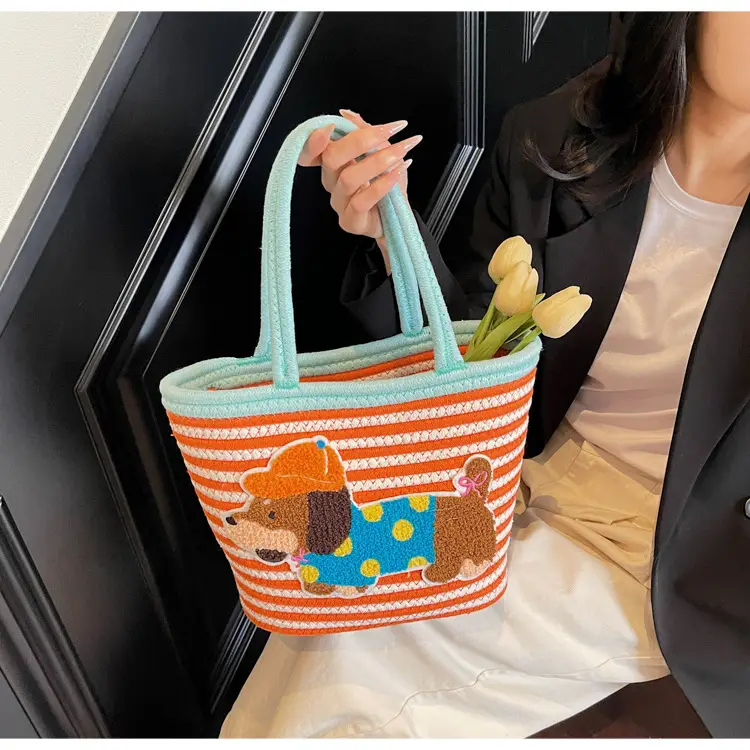 Puppy Embroidered Cotton Rope Tote Bag Large Capacity — feature 39