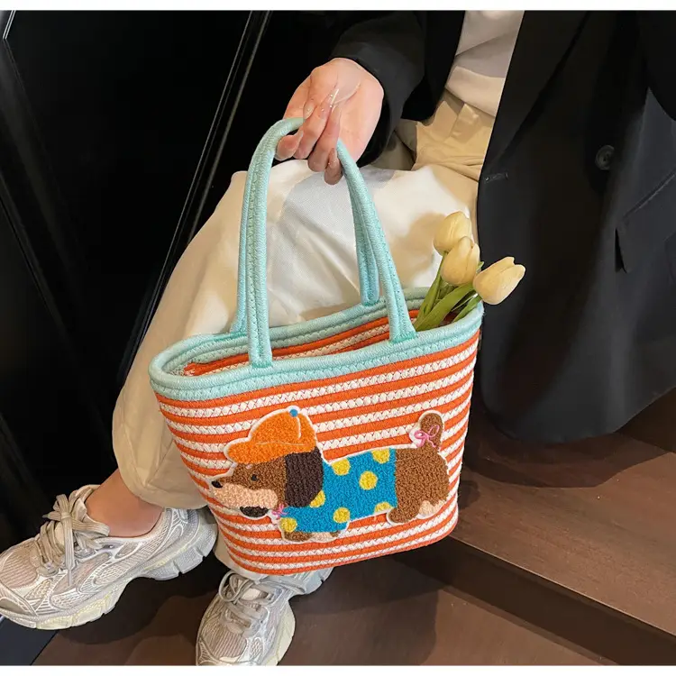 Puppy Embroidered Cotton Rope Tote Bag Large Capacity — feature 40