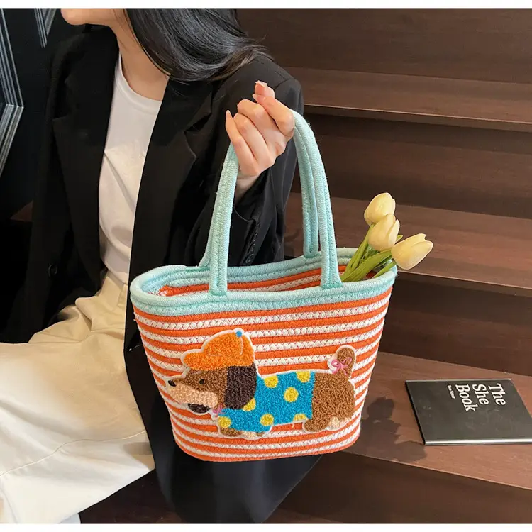 Puppy Embroidered Cotton Rope Tote Bag Large Capacity — feature 41