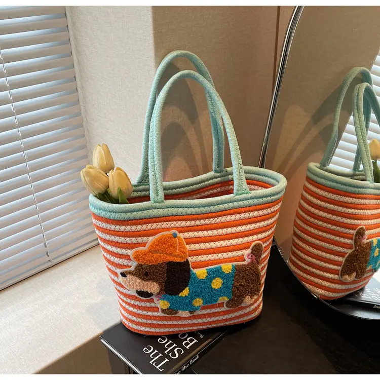 Puppy Embroidered Cotton Rope Tote Bag Large Capacity — feature 42