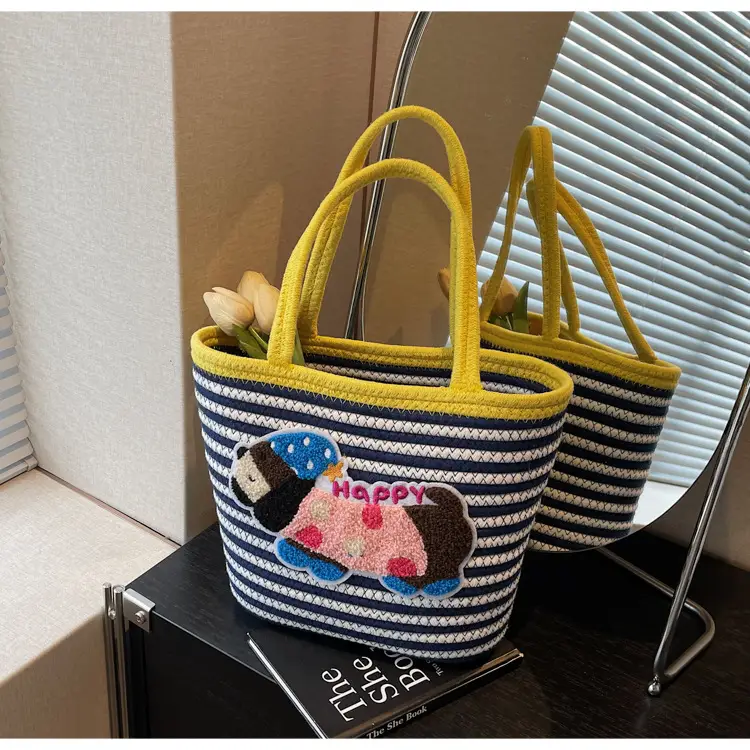 Puppy Embroidered Cotton Rope Tote Bag Large Capacity — feature 43