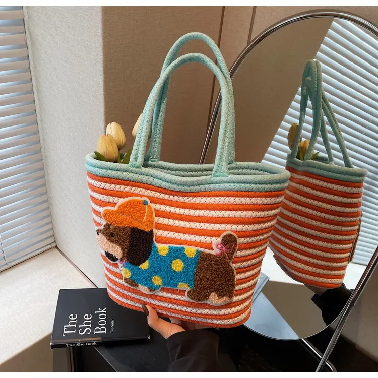 Puppy Embroidered Cotton Rope Tote Bag Large Capacity — feature 45
