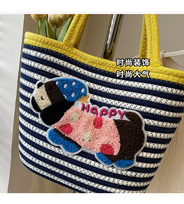 Puppy Embroidered Cotton Rope Tote Bag Large Capacity — feature 6