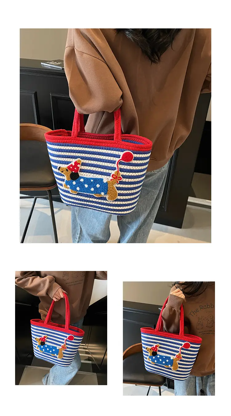 Puppy Embroidered Cotton Rope Tote Bag Large Capacity — feature 9
