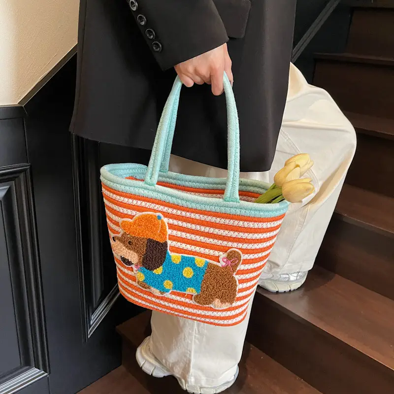 Puppy Embroidered Cotton Rope Tote Bag Large Capacity