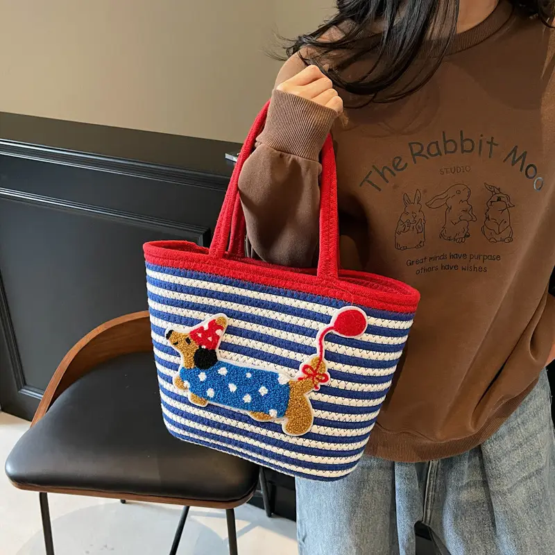 Puppy Embroidered Cotton Rope Tote Bag Large Capacity