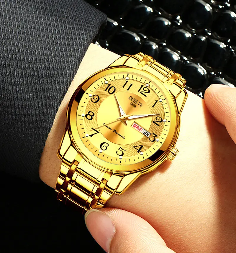 Men's Gold Calendar Watch with Digital Display & Steel Belt — feature 9