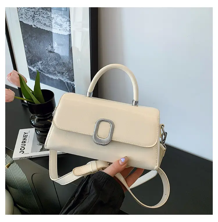 Women's Beige Square Crossbody Bag with Metal Clasp - Image 2