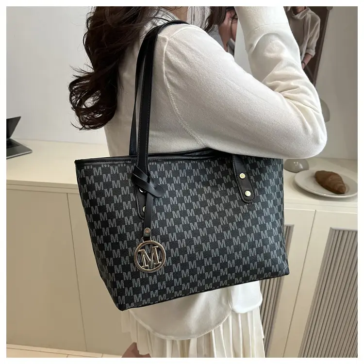 Women's Large Printed Tote Bag Beige Checkered MM Logo — feature 13