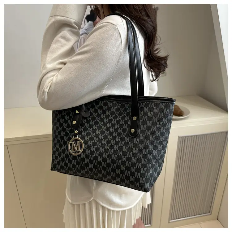 Women's Large Printed Tote Bag Beige Checkered MM Logo — feature 15