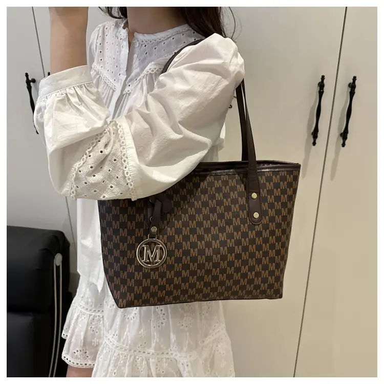 Women's Large Printed Tote Bag Beige Checkered MM Logo — feature 18