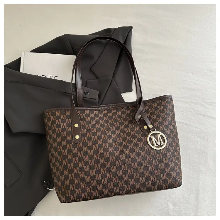 Women's Large Printed Tote Bag Beige Checkered MM Logo — feature 22
