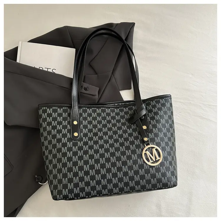 Women's Large Printed Tote Bag Beige Checkered MM Logo — feature 24