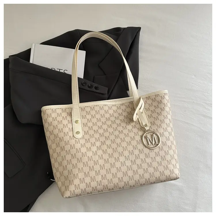Women's Large Printed Tote Bag Beige Checkered MM Logo — feature 25