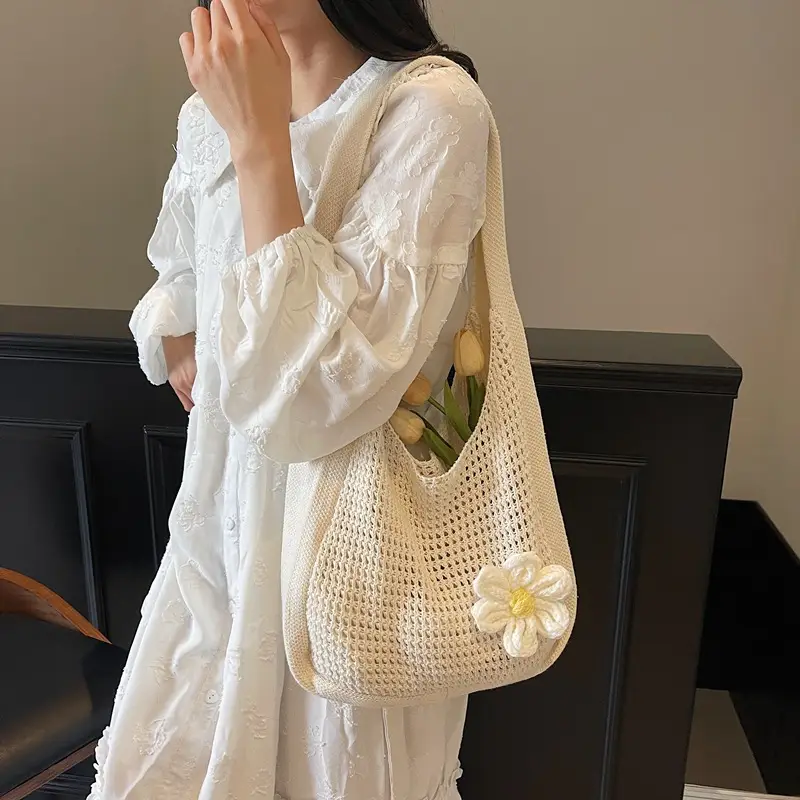 Women's Beige Woven Shoulder Bag with Flower Decor - Image 6