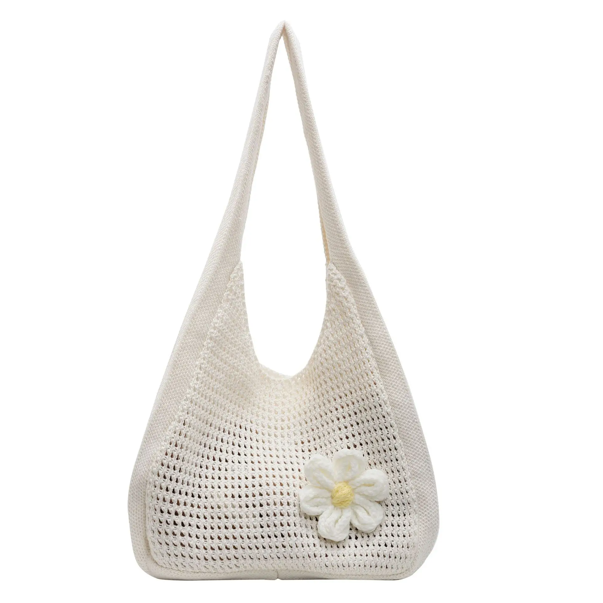 Women's Beige Woven Shoulder Bag with Flower Decor - Image 7